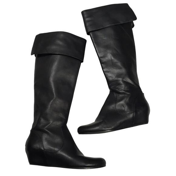 Crown‎ Vintage Lulu Knee-High Boots Black Faux Leather Foldover Wedge Women's 8 - Picture 8 of 12